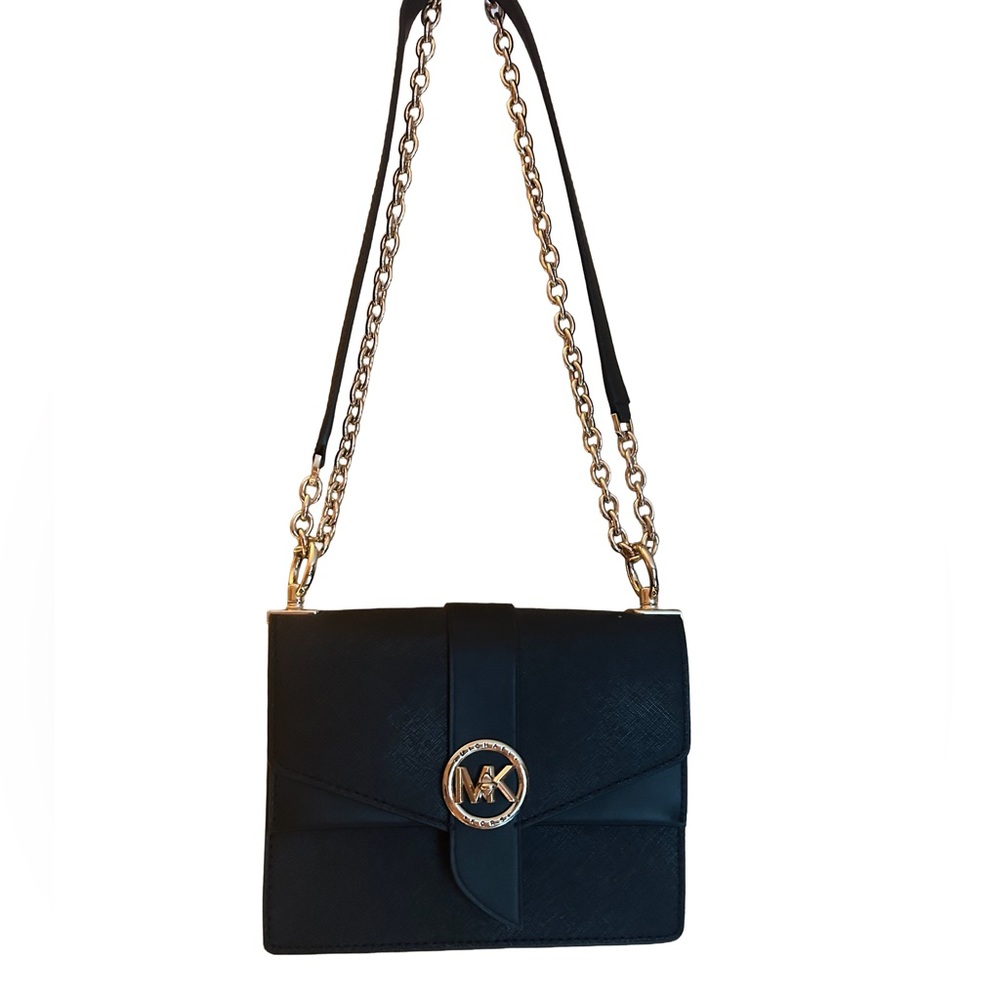Michael Kors Black Leather and Gold Hardware Crossbody Bag with Chain Detailing